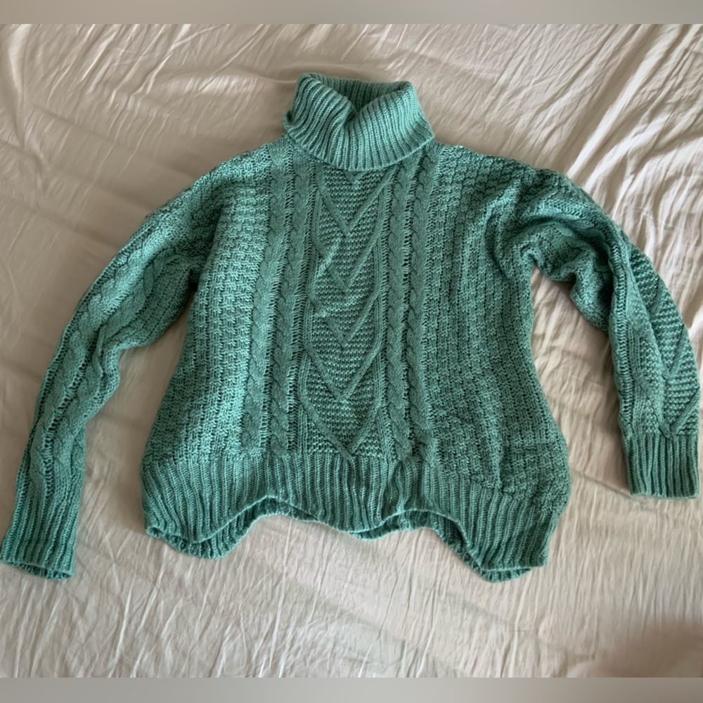 Pink Lily Teal Cable Knit Sweater